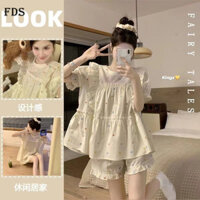 Bộ đồ ngủ hoa nhí viền bèo FDS Bộ đồ mặc nhà quần short ngắn tay giản dị rộng rãi cổ tròn mùa hè cho nữ