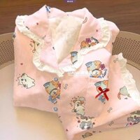 Bộ đồ ngủ in hình chó con dễ thương Hàn Quốc Ins Nữ Xuân Thu Áo len Cardigan mới Phong cách công chúa ngọt ngào Đồ mặc nhà [BL]