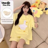 Bộ đồ ngủ in hình vịt dễ thương dành cho nữ Quần Short tay ngắn