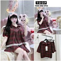 Bộ đồ ngủ kẻ caro cổ bèo buộc nơ tay bồng, Bộ pijama viền ren trẻ trung nữ tính - TOOP