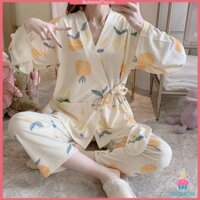 Bộ Đồ Ngủ Kiểu Kimono Nhật Bản Vải Cotton Thiết Kế Dễ Thương Cho Nữ