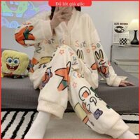 Bộ Đồ Ngủ Lông Chữ Cài Khuy FreeSize, Bộ Bông Nỉ Giữ Nhiệt Bo Gấu Mặc Nhà Siêu Ấm CAIKHUY