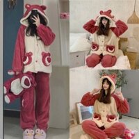 Bộ đồ ngủ lông cừu đáng yêu cúc cài mũ trùm đầu tai thỏ màu hồng túi gấu cute hàng chất lượng cao