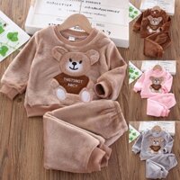 Bộ đồ ngủ lông cừu dễ thương dành cho trẻ em Áo chui đầu sang trọng + Quần dài tay hoạt hình Đồ ngủ Flannel Áo nỉ + Quần