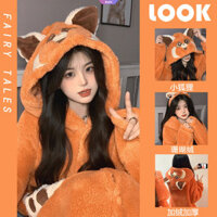 Bộ đồ ngủ lông cừu san hô Fox dễ thương dành cho nữ Mùa đông có đệm dày Khăn mặt ấm áp có mũ trùm đầu Áo choàng mùa đông [RAIN]