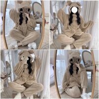 Bộ đồ ngủ lông hoodie mũ siêu to cúc cài đáp cổ siêu ấm áp cho mùa đông không lạnh