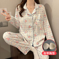 Bộ đồ ngủ loopy Bộ đồ ngủ dài tay có đệm ngực cho nữ bộ đồ mặc nhà bằng bông hoạt hình dễ thương phong cách Hàn Quốc