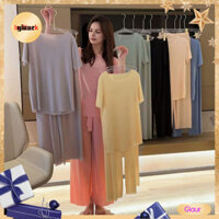 Bộ đồ ngủ lụa băng Giaurz Bộ đồ ngủ hai mảnh thông thường Bộ đồ ngủ mùa hè thoải mái thời trang dành cho nữ Áo thun lụa băng thoáng khí Quần ống rộng để mặc hàng ngày và đồ ngủ Đông Nam