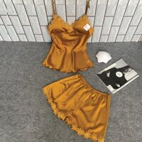 Bộ Đồ Ngủ Lụa Satin Mặc Nhà Phối Ren Hoa Kèm Mút Ngực Hisexy.vn MS26