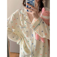 Bộ đồ ngủ mẫu mới xuân thu vải nhăn quần dài tay nữ bộ đồ mặc nhà thoải mái rộng rãi Áo Cardigan