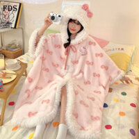Bộ đồ ngủ mùa đông FDS Áo choàng ngủ áo choàng Hoạt Hình Mèo Hello Kitty Áo choàng mặc nhà có mũ trùm đầu Bộ áo choàng dài