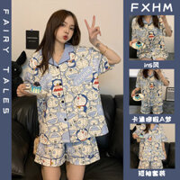 Bộ đồ ngủ mùa hè hoạt hình Doremon - Đồ ngủ hở cổ ngắn tay dành cho nữ dành cho học sinh, Đồ ngủ gia đình nhẹ và thoáng khí (Dễ thương & Thoải mái)