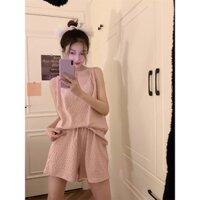 Bộ đồ ngủ mùa hè lót ngực phong cách Instagram ca rô bàn cờ màu hồng Bộ đồ phục vụ tại nhà nữ