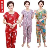 Bộ đồ ngủ mùa hè mới cho mẹ, kích thước lớn, tay ngắn, bộ đồ ngủ cho phụ nữ trung niên và người cao tuổi, đồ mặc trong nhà cho bà, vải cotton và lụa, trang phục cho người cao tuổi
