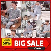 Bộ đồ ngủ nam kẻ sọc ngắn tay hoạt hình bằng vải cotton phục vụ tại nhà *