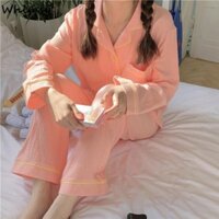 Bộ đồ ngủ nếp nhăn bong bóng phong cách Hàn Quốc dành cho nữ Quần dài tay Cardigan có thể đeo bên ngoài Bộ đồ mặc nhà màu trơn