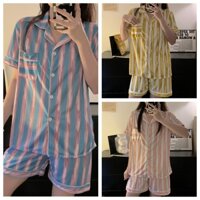 Bộ Đồ Ngủ Ngắn Kẻ Sọc Xanh Dương Hồng Thời Trang Mùa Hè Hàn Quốc Cho Nữ
