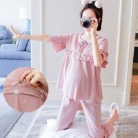 Bộ đồ ngủ ngắn tay dành cho bà bầu Quần áo Cotton nguyên chất Quần áo xếp hình mỏng Quần áo tại nhà dành cho bà bầu có thể mặc bên ngoài phiên bản Hàn Quốc Quần Short điều hòa không khí Quần áo ngủ ngắn tay cho bà bầu Quần áo xếp hình Cotton nguyên chất P