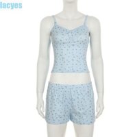 Bộ đồ ngủ ngắn tay LACYES, Váy ngủ hai mảnh kẻ sọc ngọt ngào, Quần ngắn yếm hoa thoải mái Váy ngủ mùa hè dành cho nữ