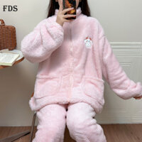 Bộ đồ ngủ nhung lông khóa kéo chữ chữ Hello Kitty cho nữ bộ đồ mặc nhà nhung san hô dày dặn thu đông màu trơn Bộ hai chiếc