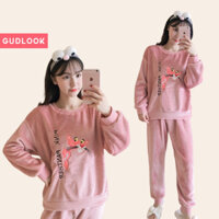 Bộ Đồ Ngủ Nỉ Bông Mềm GUDLOOK Hoạ Tiết Báo Hồng Cute