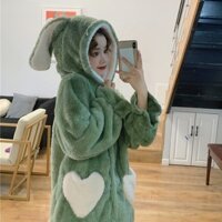 Bộ đồ ngủ nỉ bông thỏ tai dài túi trái tim mùa đông ấm áp