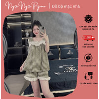 Bộ Đồ Ngủ Nữ, Bộ Mặc Nhà Sát Nách Phối Bèo, Ren Nơ Vải Caro Tim Mềm Thoáng Mát - CC23
