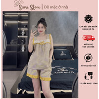 Bộ Đồ Ngủ Nữ, Bộ Mặc Ở Nhà Sát Nách Phối Bèo Cổ Vuông Kẻ Caro Đũi Hàn Mềm Mát Êm - CC55