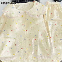 Bộ Đồ Ngủ Nữ Chấm Bi Cardigan Quần Dài Loungewear Bộ Hai Mảnh