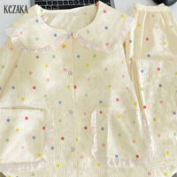 Bộ Đồ Ngủ Nữ Chấm Bi Cardigan Quần Dài Loungewear Bộ Hai Mảnh