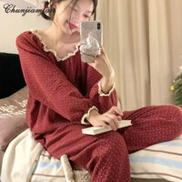 Bộ Đồ Ngủ Nữ Chấm Bi Cổ Ren Quần Hai Mảnh