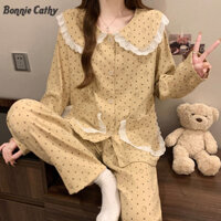 Bộ Đồ Ngủ Nữ Chấm Bi HelloKitty Dài Tay Cardigan Quần Dài Loungewear Hai Mảnh Bộ