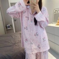 Bộ Đồ Ngủ Nữ Có Miếng Lót Ngực Hoạt Hình Pink Kitty Cat Cloud Cotton Dài Tay Quần Loungewear Set Xuân Thu