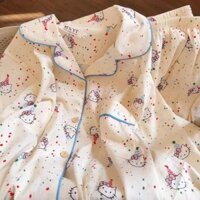 Bộ Đồ Ngủ Nữ Dài Tay Quần Dài Tay Loungewear Hoạt Hình Nhiều Màu Sắc Chấm Bi Nhật Bản Kitty Hello