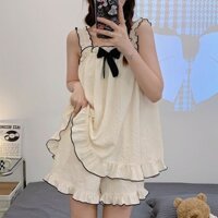 Bộ đồ ngủ nữ dây treo quần đùi bộ mặc nhà hai dây bản to chất đũi ngọt ngào dễ thương phong cách Hàn Quốc