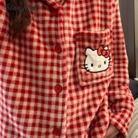 Bộ Đồ Ngủ Nữ Flannel Đỏ Trắng Kẻ Sọc Cardigan Quần Hai Mảnh