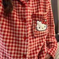 Bộ Đồ Ngủ Nữ Flannel Đỏ Trắng Kẻ Sọc Cardigan Quần Hai Mảnh