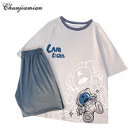 Bộ đồ ngủ nữ in họa tiết phi hành gia Áo thun ngắn tay đơn giản mỏng + Quần Short Quần áo gia đình Bộ hai mảnh