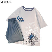 Bộ đồ ngủ nữ in họa tiết phi hành gia Áo thun ngắn tay đơn giản mỏng + Quần Short Quần áo gia đình Bộ hai mảnh MUSHIQI