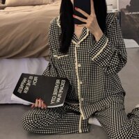 Bộ Đồ Ngủ Nữ Ins Xuân Thu Kẻ Sọc Cardigan Ngọt Ren Dài Tay Quần Mặc Quần Áo Gia Đình