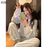 Bộ đồ ngủ nữ màu xanh nhạt chấm bi quần dài ngọt ngào homewear hai mảnh