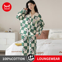 Bộ Đồ Ngủ Nữ MiiOW Cotton Thoáng Khí Loungewear Nữ Mùa Đông Đồ Ngủ Kẻ Sọc Xanh Dễ Thương Nữ Dài Tay Gấu Trúc Bộ Đồ Ngủ