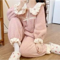 Bộ đồ ngủ nữ mùa đông lông cừu cổ bèo Đính Hoa phối ren tiểu thư, đồ mặc nhà lông ấm áp , pyjama kute dễ thương