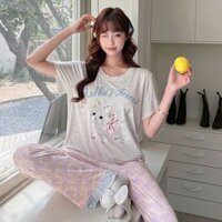 Bộ đồ ngủ nữ mùa hè mặc nhà, đồ măc nhà quần dài áo cộc tay set ngủ nữ cute đáng yêu mèo hồng dáng xuông dễ thương 6154