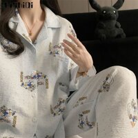 Bộ Đồ Ngủ Nữ MUSHIQI Vịt Donald In Hình Dài Tay Cardigan Quần Hai Mảnh