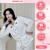 Bộ Đồ Ngủ Nữ Pijama Dài Tay Màu Vàng Be Thiết Kế Cổ Bèo Chất Thô Đũi Hàn Phong Cách Tiểu Thư CAMELLIA TD010