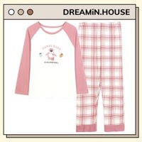 Bộ đồ ngủ nữ pijama dài tay chất cotton áo hình gấu quần kẻ caro hồng bộ ngủ thu đông mặc nhà phong cách Hàn Quốc PD09