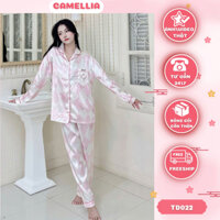 Bộ Đồ Ngủ Nữ Pijama Dài Tay Cún Đen Thiết Kế Cổ Bèo Chất Lụa Băng Phong Cách Tiểu Thư CAMELLIA TD022