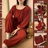 Bộ Đồ Ngủ Nữ Ren Ngọt Ngào Chấm Bi Quần Dài Tay Mặc Nhà Phù Hợp Với Học Sinh Thu Đông