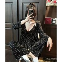 Bộ đồ ngủ phong cách ham muốn thuần khiết cho nữ bộ ba mảnh mùa xuân và mùa thu với miếng đệm ngực 2024 mới gợi cảm quần dài tay áo mặc nhà w3qn